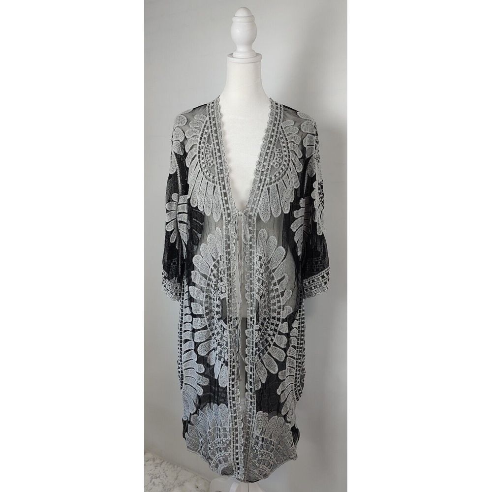 Sirenlily Maternity Black White Floral Lace Mesh Kimono Cardigan XL WT8449